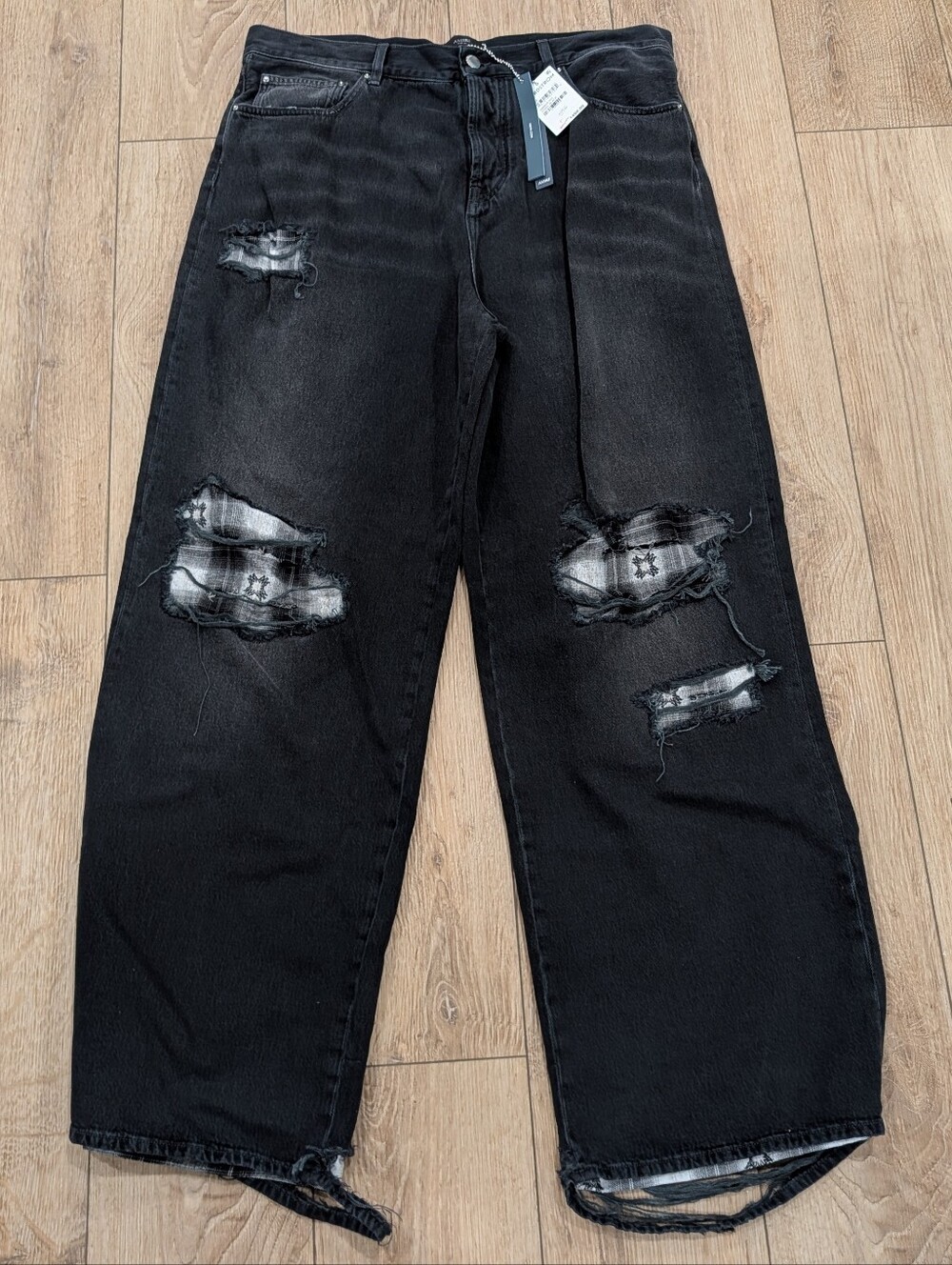 $1590 Mens AMIRI Flannel Repaired Baggy Denim Jeans Steel Black 36
